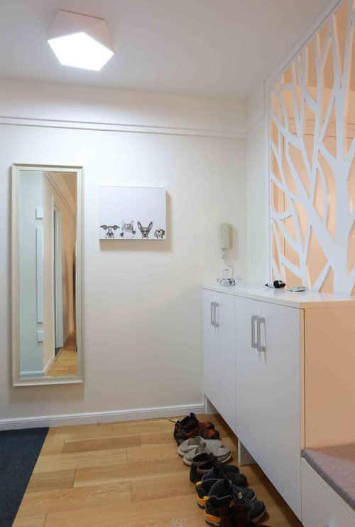 苏州景山*瑰园玫**80平米现代北欧风格两居室设计案例，大面积选用了烤漆门板与橡木纹理