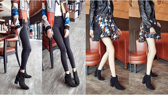 新款短靴粗跟尖头软皮加绒马丁靴,短靴圆头软皮棉靴