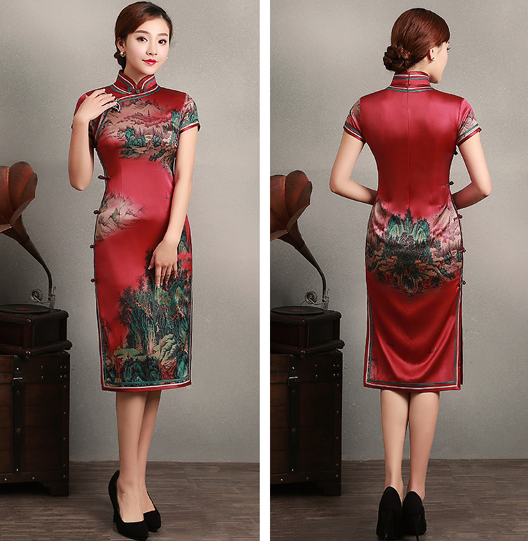 传统中式复古中长款优雅旗袍,中国风桑蚕丝复古高端旗袍