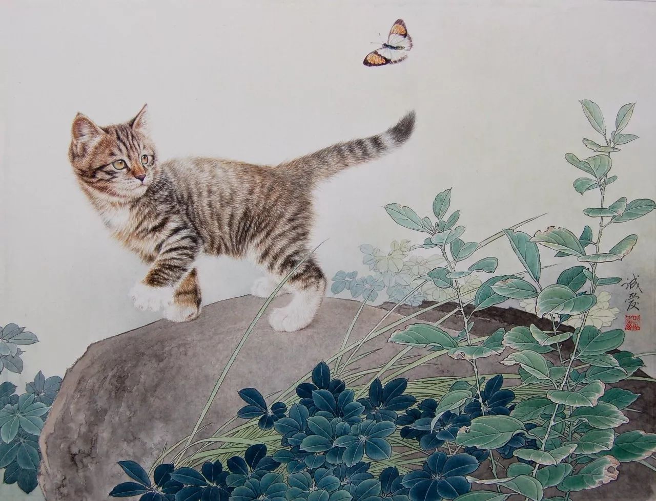 邢诚爱工笔猫扑蝶画法,邢诚爱工笔画猫白描底稿