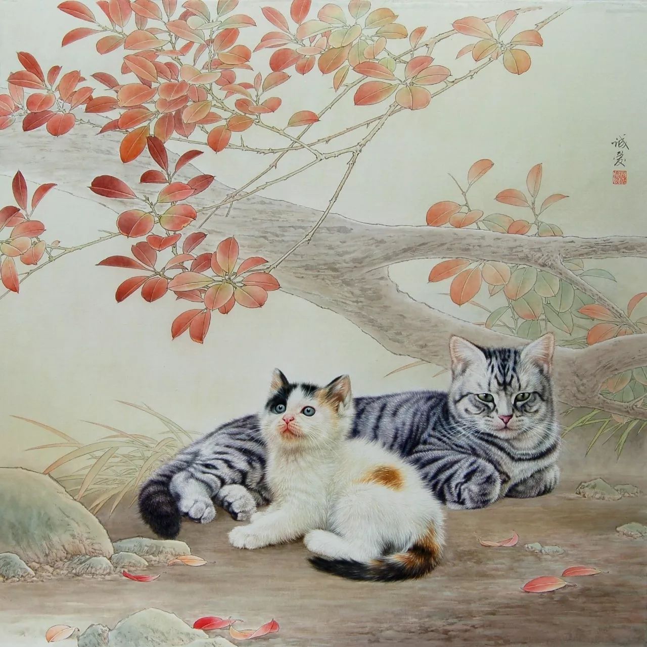 邢诚爱工笔猫扑蝶画法,邢诚爱工笔画猫白描底稿