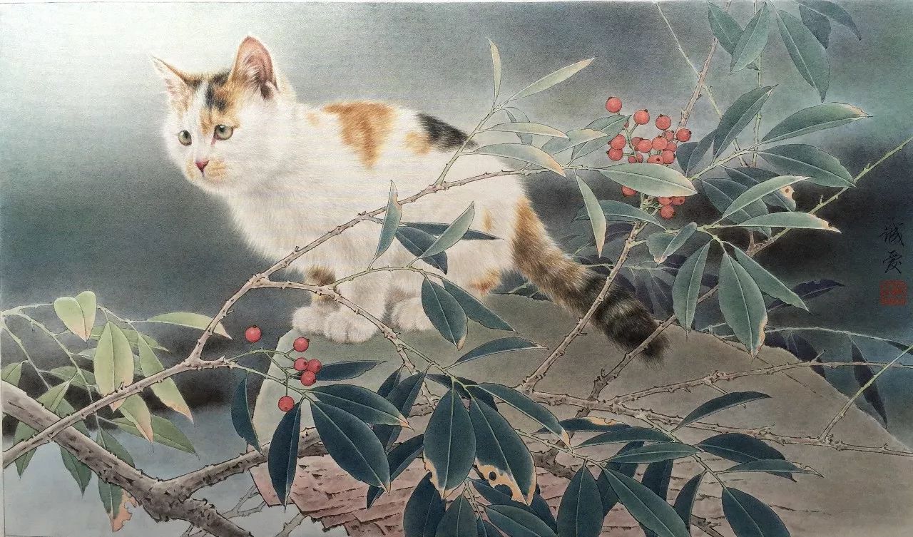 邢诚爱工笔猫扑蝶画法,邢诚爱工笔画猫白描底稿