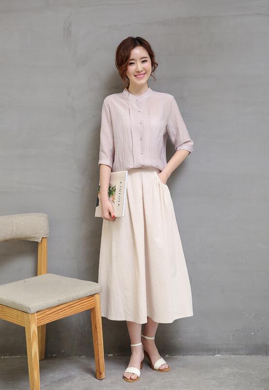 磨毛棉麻花边立领长裙,气质棉麻长裙