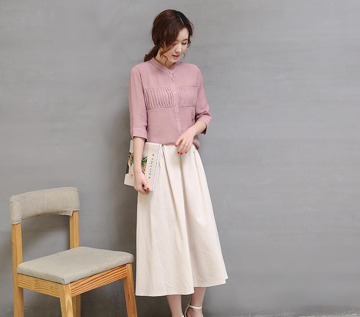 磨毛棉麻花边立领长裙,气质棉麻长裙