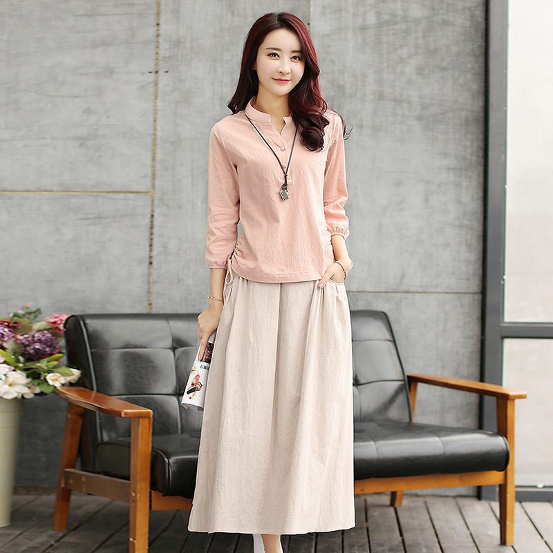 磨毛棉麻花边立领长裙,气质棉麻长裙