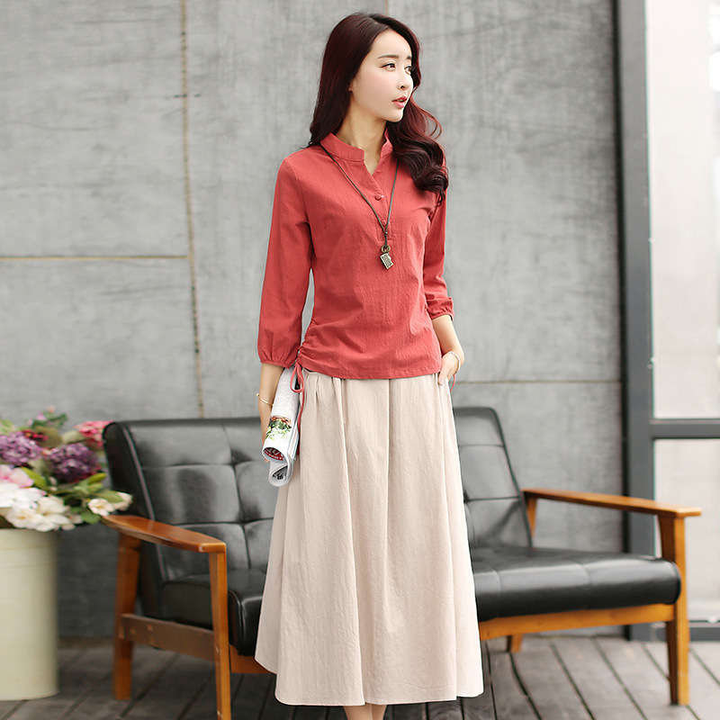 磨毛棉麻花边立领长裙,气质棉麻长裙