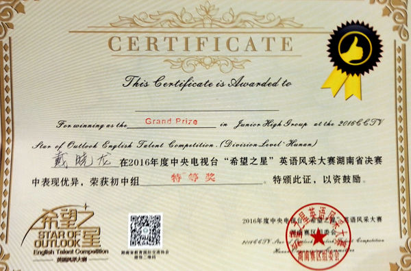 岳阳县八中学生戴晓龙获CCTV“希望之星”湖南赛区特等奖