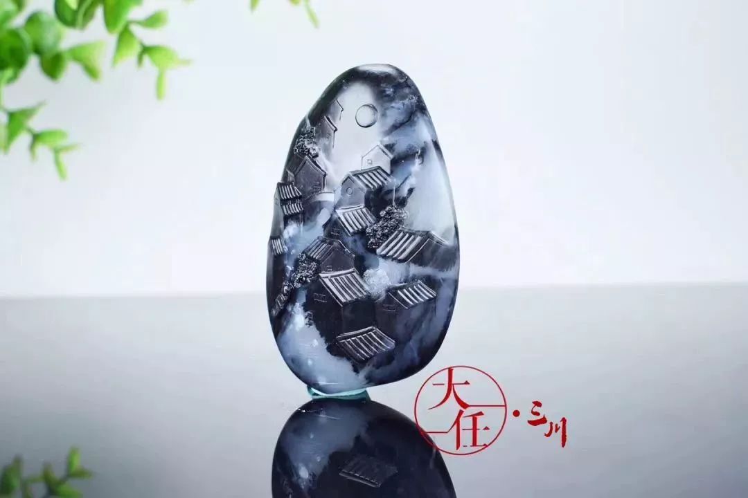 和田玉新中式珠宝美学,和田玉青花山水意境牌