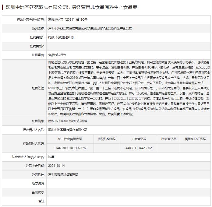 圣廷苑酒店因食品违法行为被罚16万属中洲控股旗下
