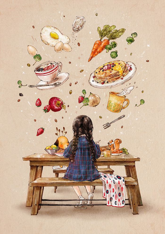 韩国插画师森林女孩日记图文,水彩插画森林女孩日记