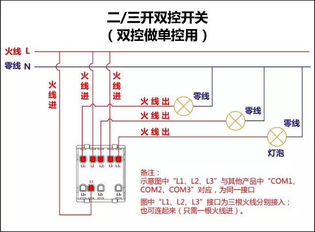 公牛三开双控开关接单控怎么接线,三开双控如何接两个单控一个双控